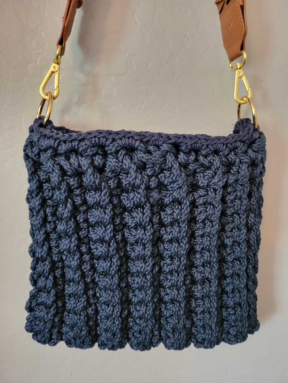 Handmade Navy Crocheted Shoulder Bag with Brown Strap